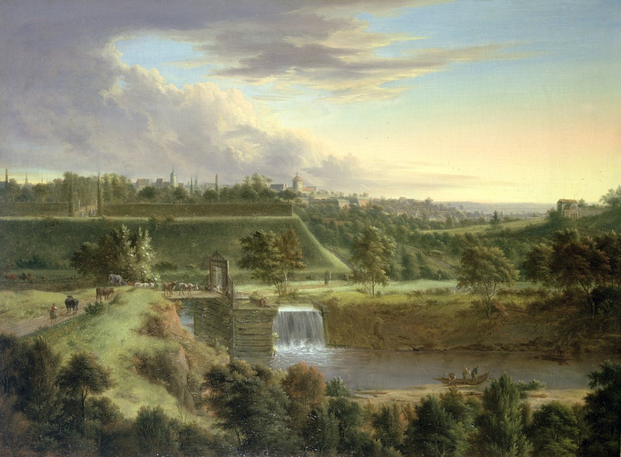 Flodlandskap vid en muromgärdad stad, troligen Sahausen av Johann Christian Vollerdt or Vollaert