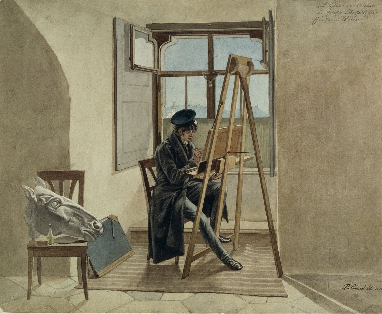 Målaren Johann Adam Klein vid staffliet i sin ateljé i Palais Chotek i Wien av Johann Christoph Erhard