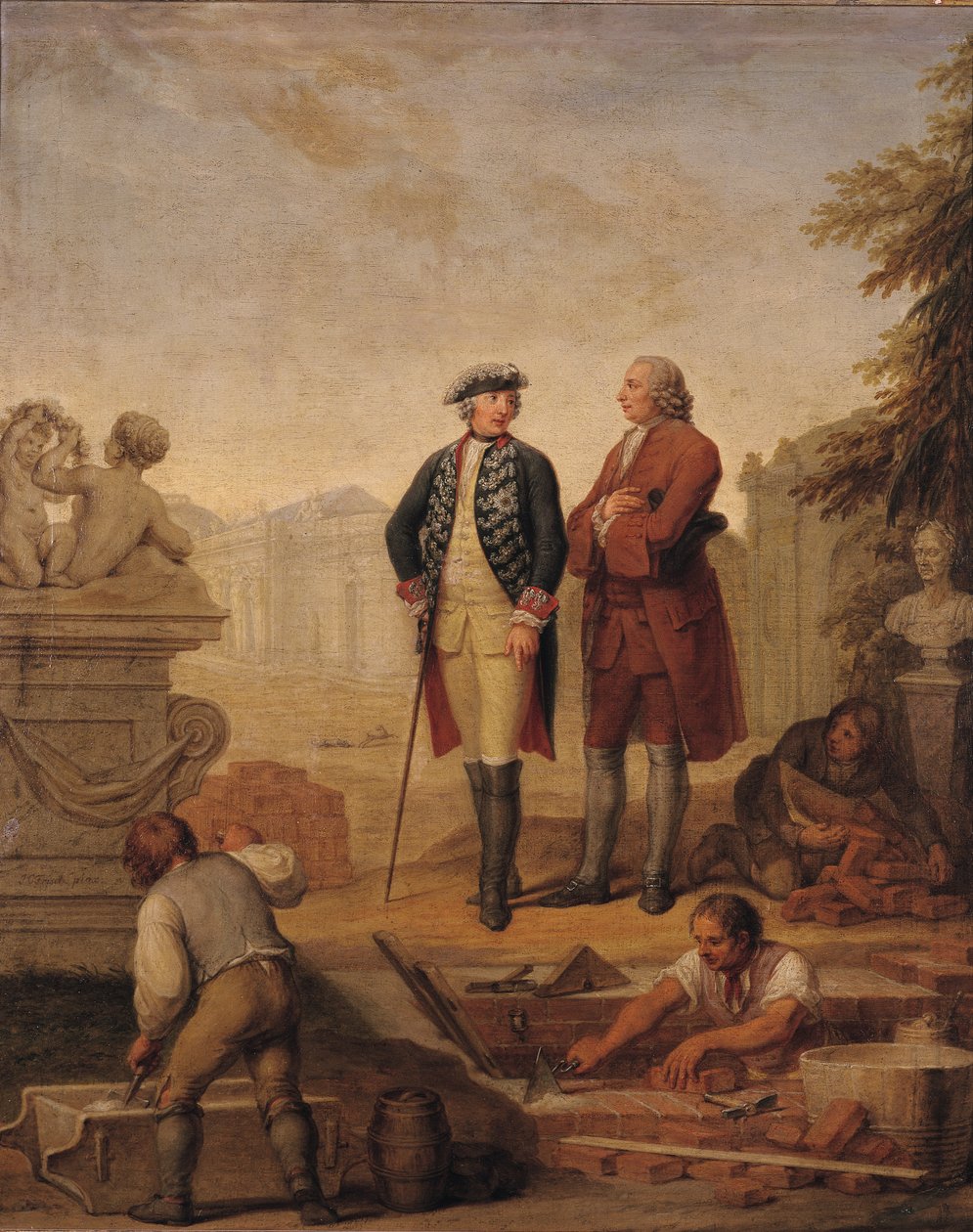 Kung Fredrik II av Preussen (1712-86) och markisen av Argens (1704-1771) inspekterade byggandet av Sanssouci i Potsdam av Johann Christoph Frisch