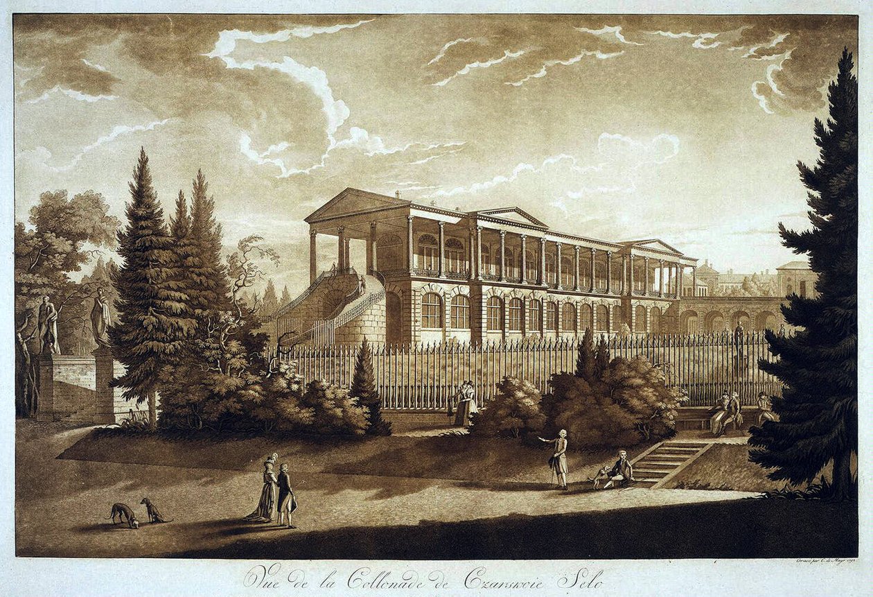 Utsikt över Cameron Gallery i Tsarskoje Selo, 1793 (akvatint) av Johann Christoph Mayr