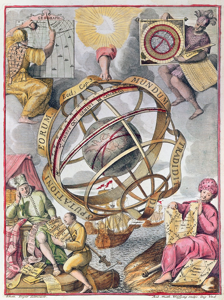 Astronomi färgad gravyr av Johann Degler