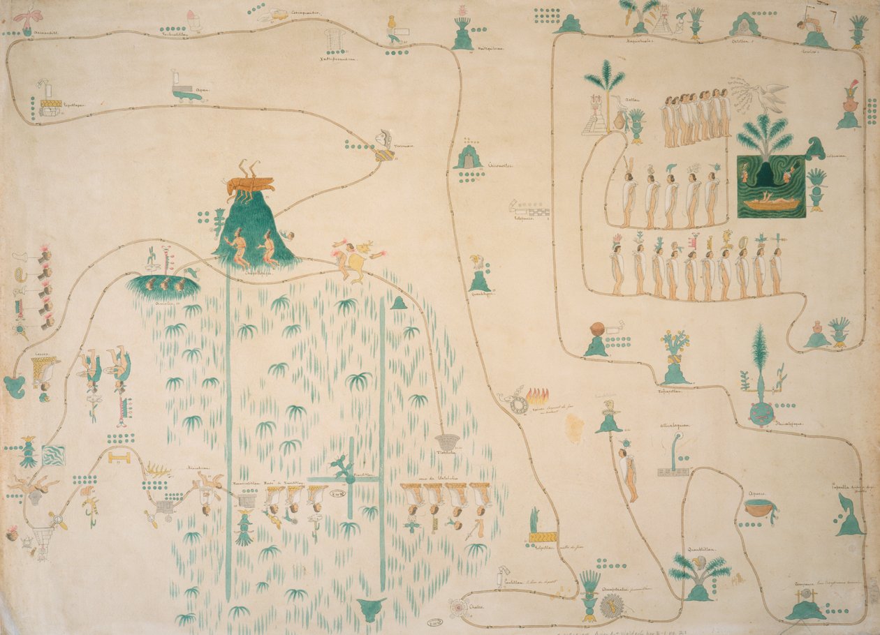 Glyfkartad karta över aztekernas migration från Aztlan till Tenochtitlan, publicerad omkring 1830. av Johann Friedrich Maximilian von Waldeck