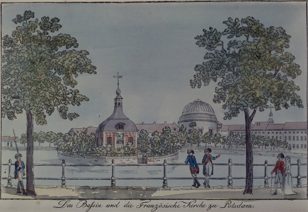 Poolen och franska kyrkan i Potsdam, ca 1796 (penna och bläck och wc på papper) av Johann Friedrich Nagel