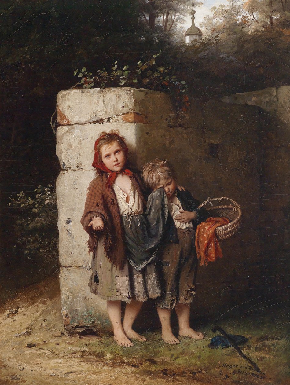 Bettelnde Kinder, signiert, datiert, bezeichnet Meyer von Bremen av Johann Georg Meyer