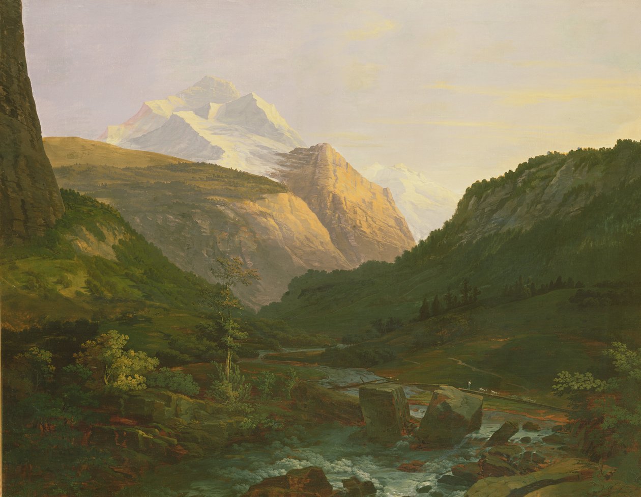 Jungfrau och Eiger (olja och gouache på papper på duk) av Johann Georg Volmar