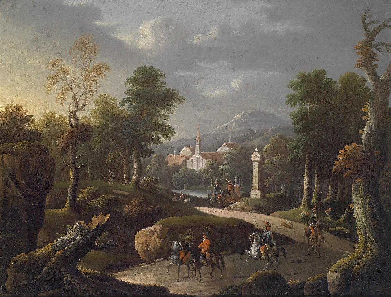 Bergigt landskap med resenärer av Johann Georg von Bemmel