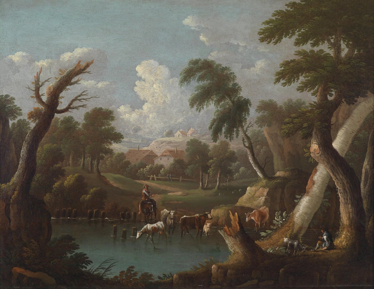 Bergigt landskap med drickande nötkreatur vid en damm av Johann Georg von Bemmel