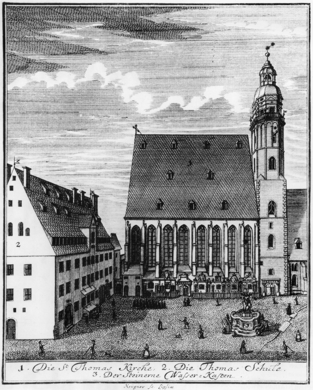 St. Thomas kyrka och skola i Leipzig, 1723 av Johann Gottfried Krugner