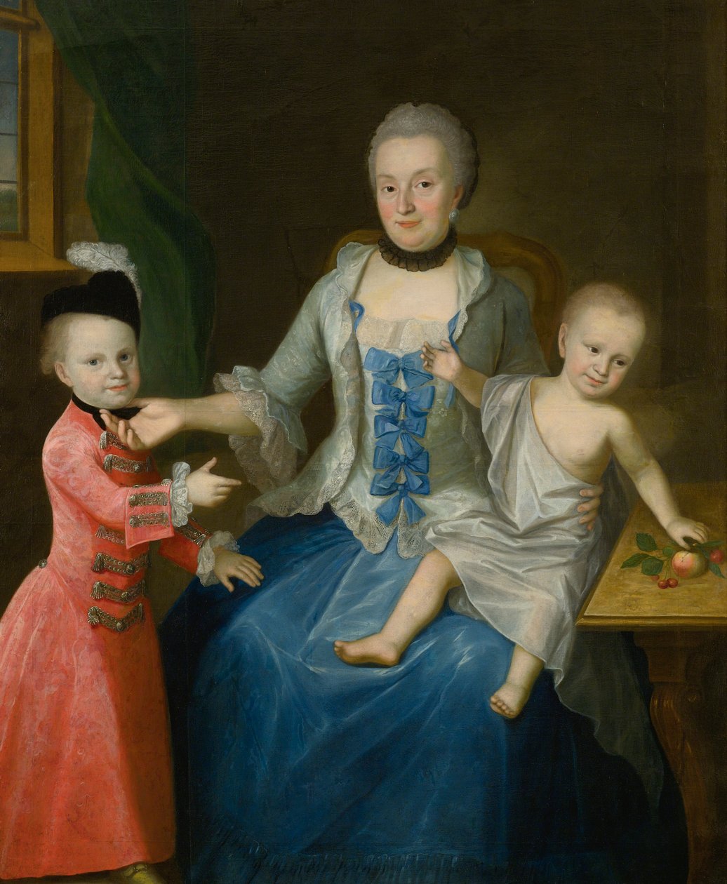 Portrait of Friederica Adolphina, countess of Schlieben, and her two sons, Gotthelf Sigismund and Adolf Friedrich av Johann Gottlieb Becker