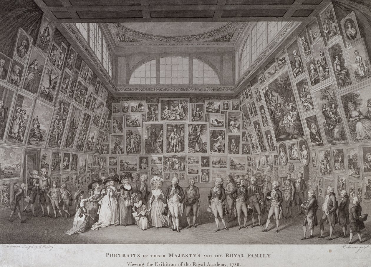 Interiörvy av Somerset House som visar kung George III (1738-1820), drottning Charlotte (1744-1818) och kungafamiljen som tittar på en utställning av Royal Academy of Arts 1788, 1788 av Johann Heinrich Ramberg