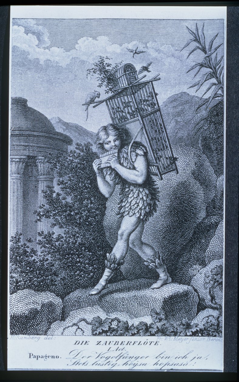 Papageno: Jag är fågelfångaren, ja! Alltid gladlynt, fiddle-di-i, fiddle-di-da!, akt I av "Trollflöjten" av Wolfgang Amadeus Mozart (1756-91), graverad av Friedrich Wilhelm Meyer Senior (f.c.177) av Johann Heinrich Ramberg
