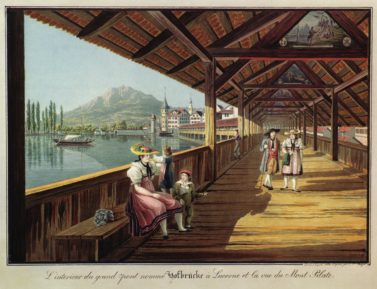 The Interior of the major Bridge called Hofbrücke at Lucerne and View of Mount Pilatus av Johann Jakob Meyer