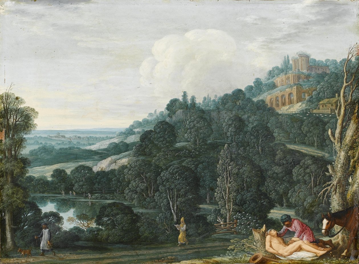 An extensive landscape with The Good Samaritan av Johann or Hans Konig