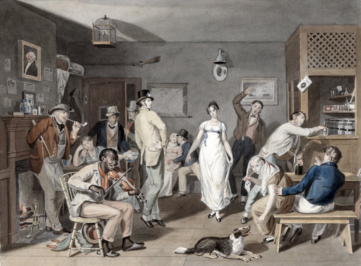 Country dancing, ca 1820 (handkolorerad gravyr) av Johann Ludwig Krimmel