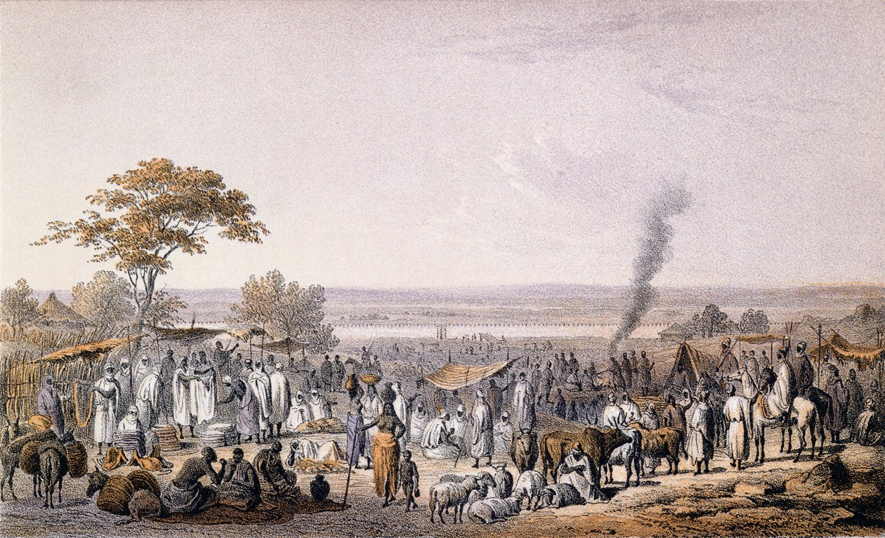 Marknaden i Sokoto 1853, från "Resor och upptäckter i Nord- och Centralafrika" av Heinrich Barth (1821-65) graverad av Eberhard Emminger (1808-85) publicerad 1857 (färgstick) av Johann Martin Bernatz