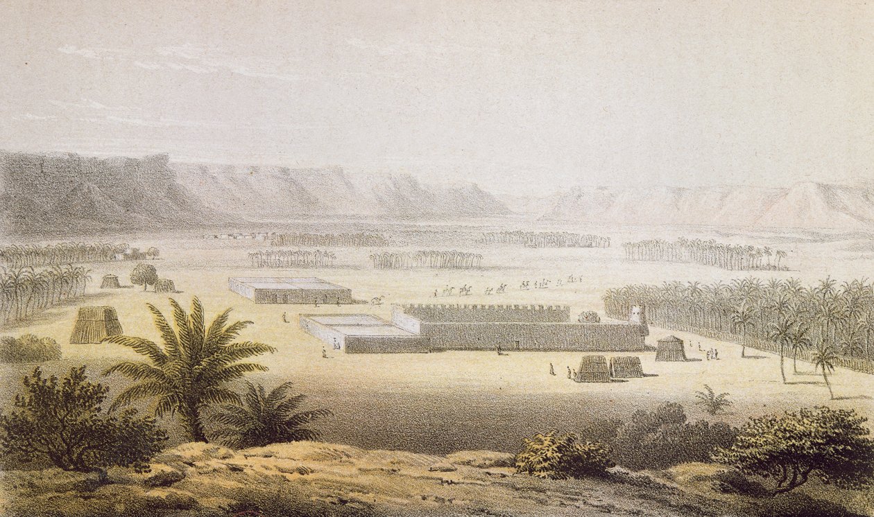 The Oasis of Ghat and its Plantations 1850, från "Resor och upptäckter i Nord- och Centralafrika" av Heinrich Barth, graverad av J. Woelfjle, publicerad 1857 (färgstick) av Johann Martin Bernatz