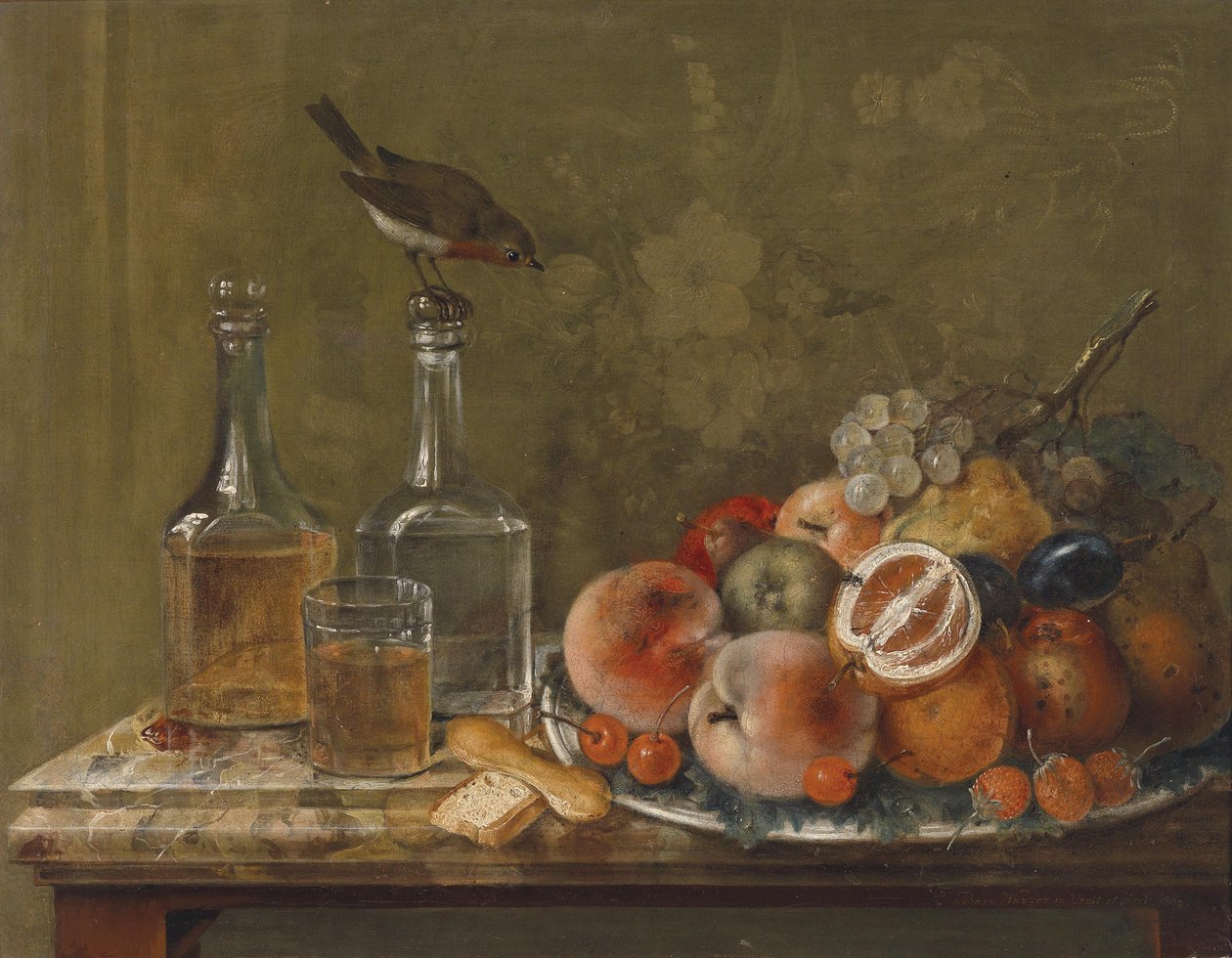 Stillleben mit Früchten und Glaskaraffen av Johann Matthias Wurzer