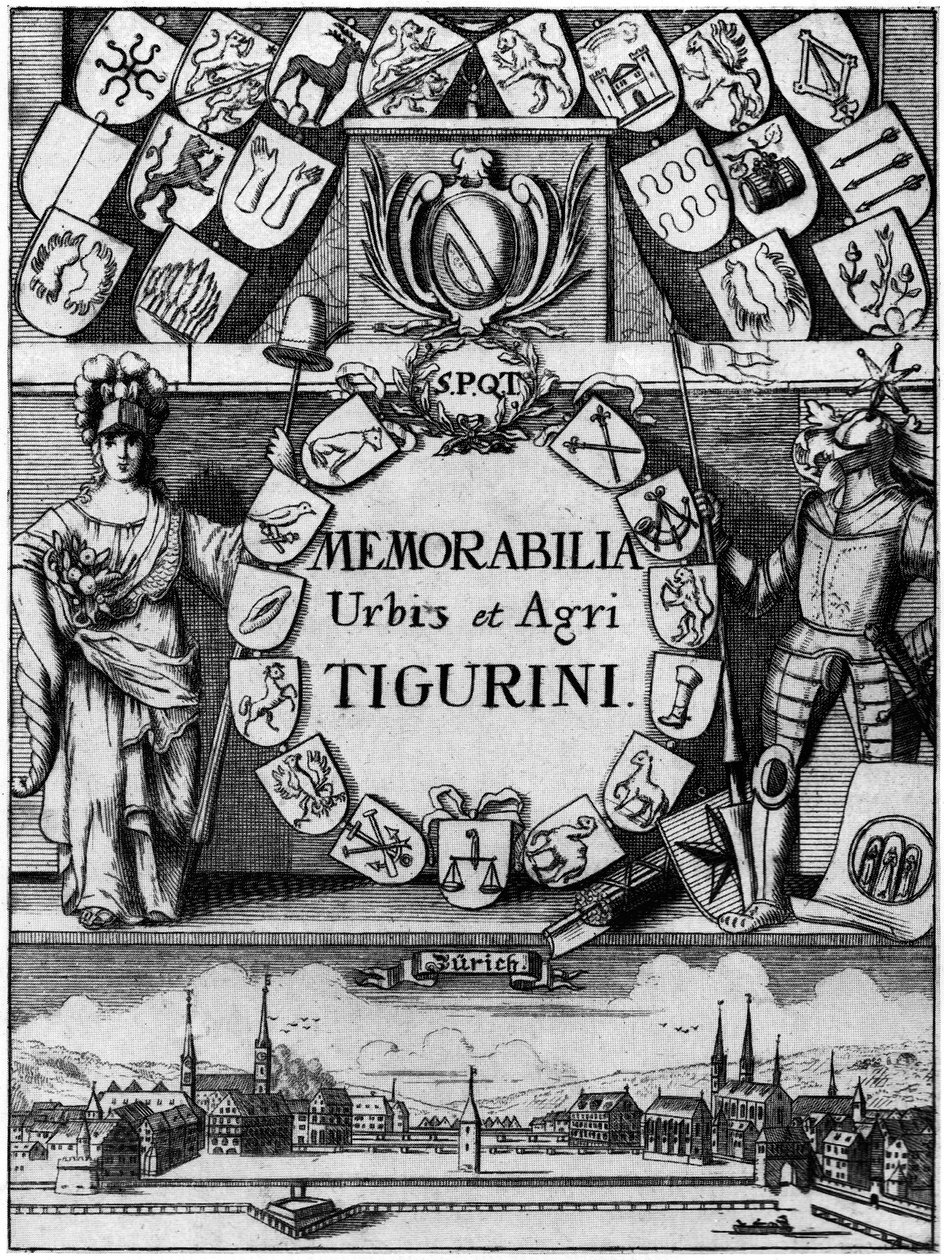 Titel koppar av den tredje, utökade upplagan av Hans Heinrich Bluntſchlis Memorabilibus Tigurinis, publicerad 1742 av Johann Melchior Füßli