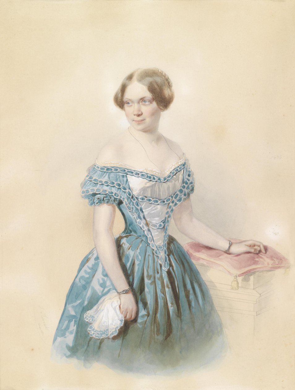 Bildnis einer jungen Frau in blauem Kleid, laut Überlieferung die junge Marie von Ebner Eschenbach av Johann Nepomuk Horrak