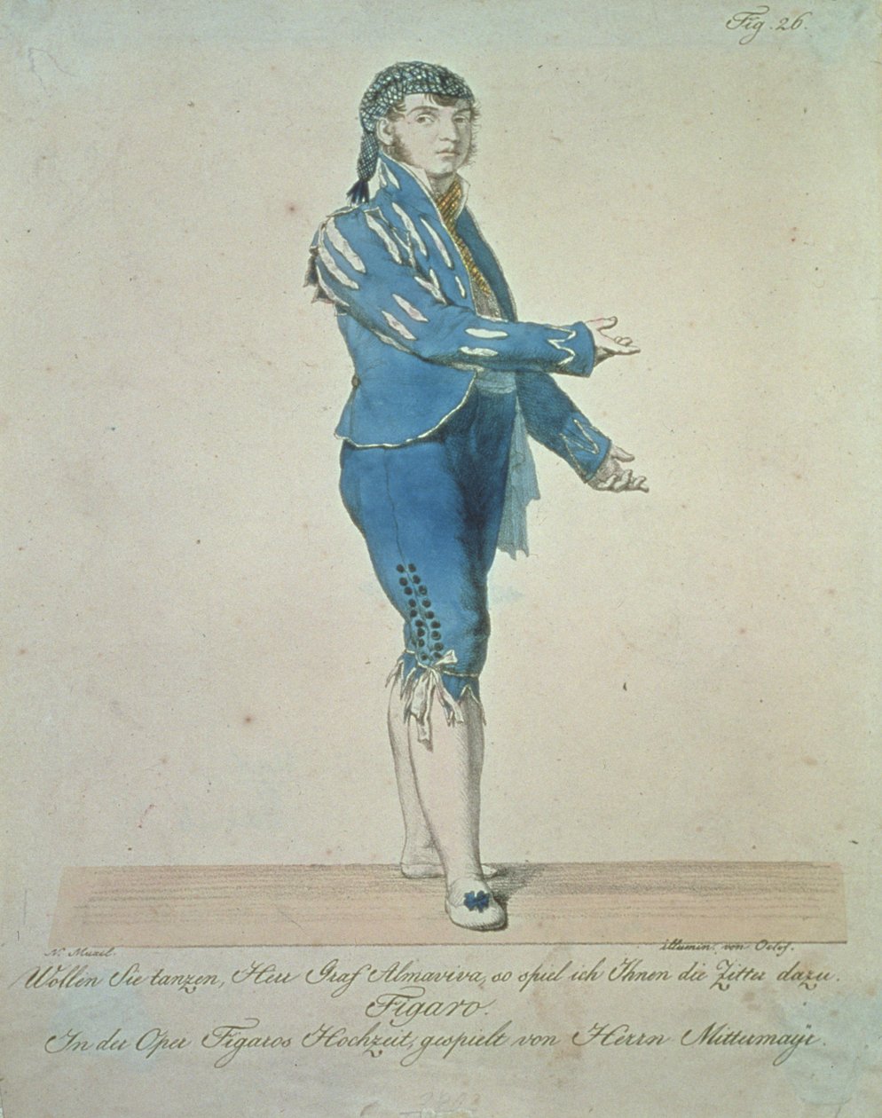 Figaro, betjänt till greve Almaviva, från "Figaros bröllop" av Wolfgang Amadeus Mozart (1756-91), figur 26, färgad av von Oclef av Johann Nepomuk Muxel