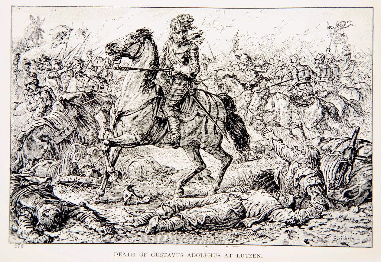 Gustav Adolfs död i Lutzen, en illustration från "Lejonet från Norden": A Tale of the Times of Gustavus Adolphus and the Wars of Religion" av G.A. Henty, pub. London av Johann Nepomuk Schonberg