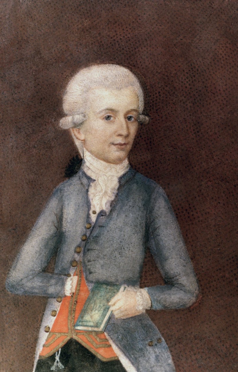 Wolfgang Amadeus Mozart, ca 1780 (miniatyr) (gouache, tempera, pergament) av Johann Nepomuk della Croce
