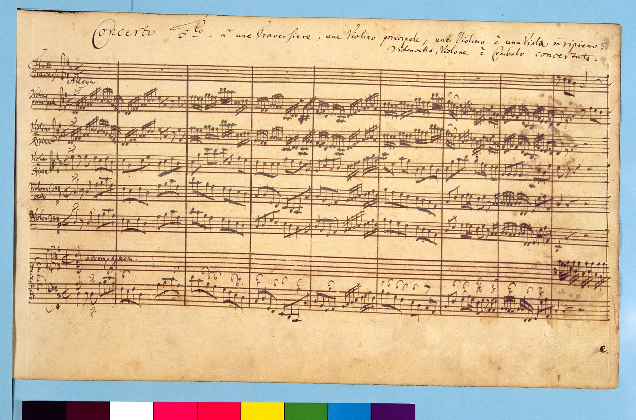 Brandenburg-konserterna, nr 5 D-Dur, 1721 (penna och bläck på papper) (se även 308416 och 308425) av Johann Sebastian Bach
