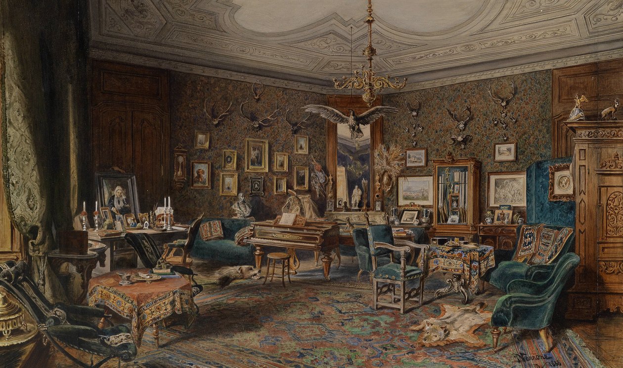 Herrschaftliches Interieur mit Jagdtrophäen an der Wand av Johann Varrone