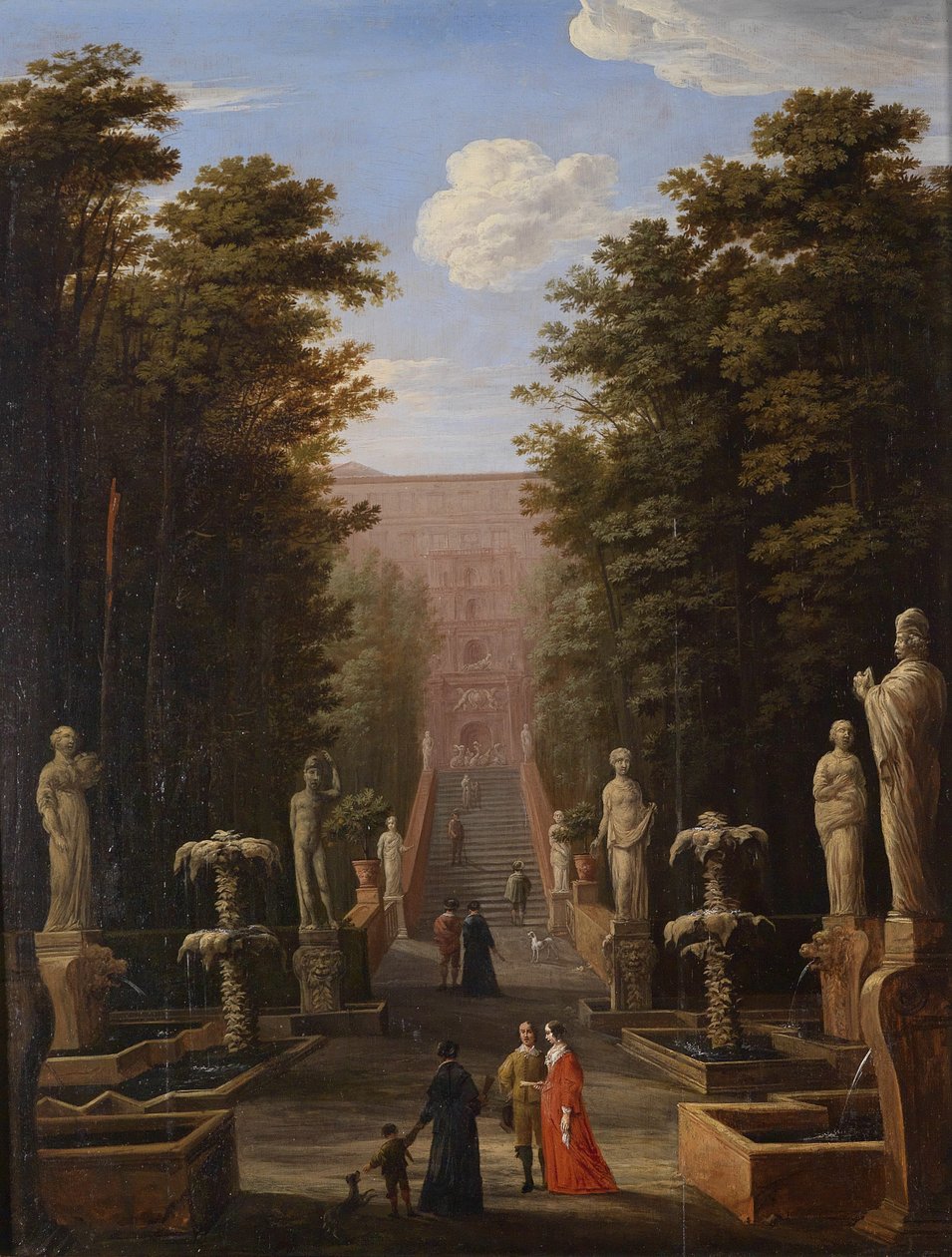 Eine elegante Gesellschaft in den Gärten der Villa d’ Este in Tivoli vor der großen Kaskade des Pirro Ligorio av Johann Wilhelm Baur