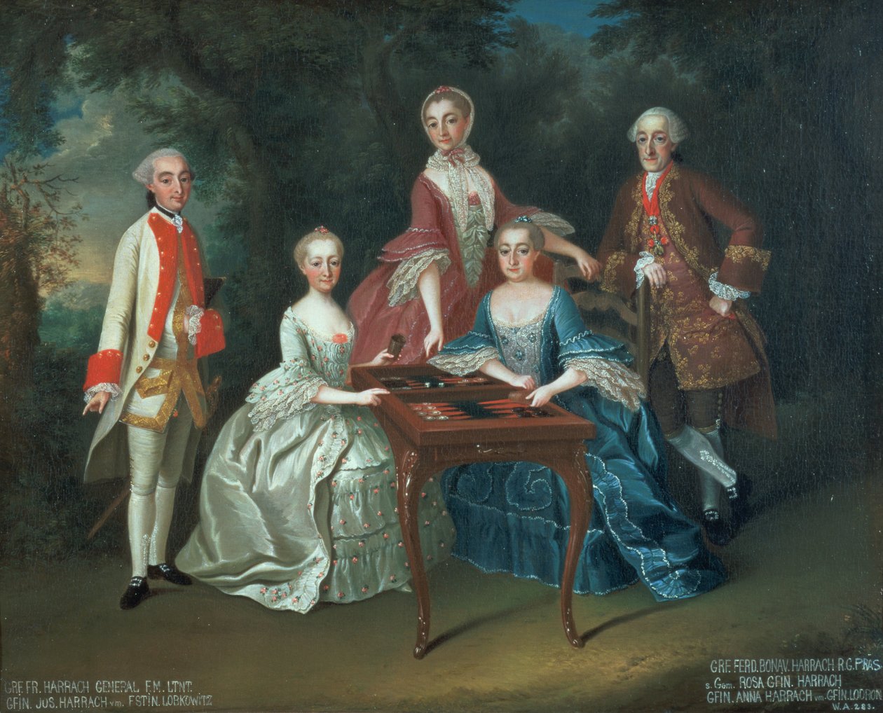 Gruppporträtt av familjen Harrach som spelar backgammon inklusive general greve Ferdinand Harrach, greve Ferdinand Bonaventura Harrach med Rosa, Anna och Josephine av Johann Wilhelm Hoffnas or Hofnaas