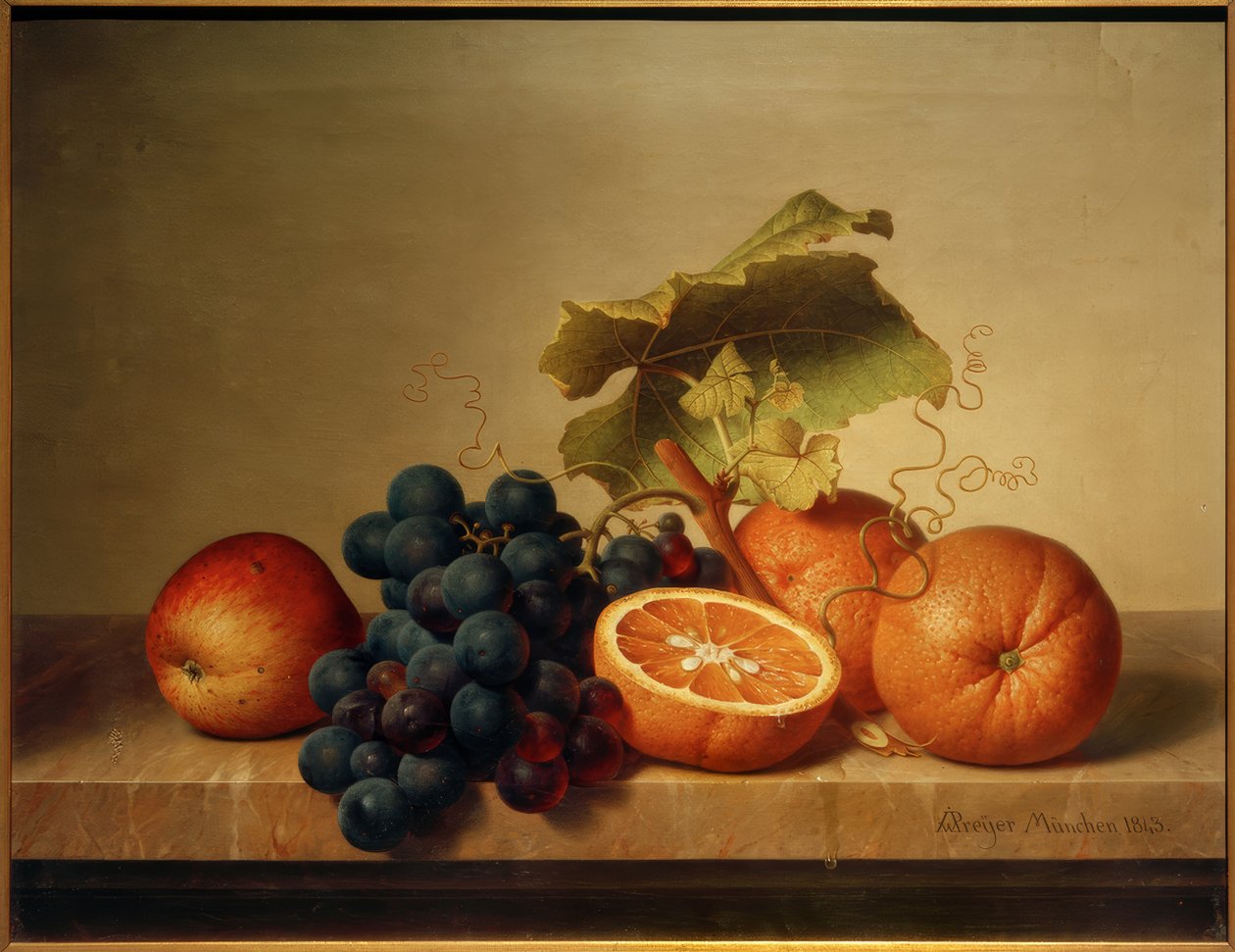 Stilleben med frukt på marmorplatta av Johann Wilhelm Preyer