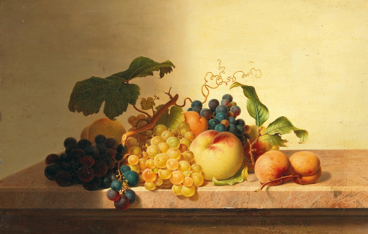 Stilleben med druvor, persikor och aprikoser av Johann Wilhelm Preyer