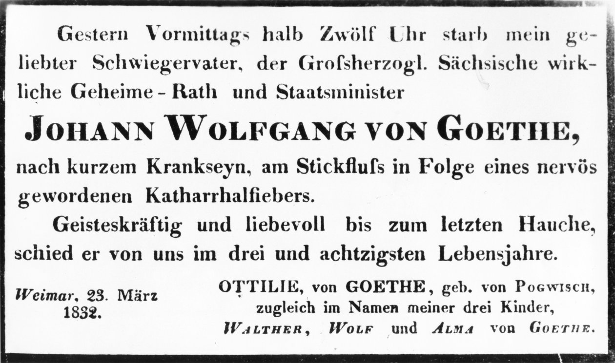 Johann Wolfgang von Goethes dödsbesked, 1832 (tryck) av Johann Wolfgang von Goethe