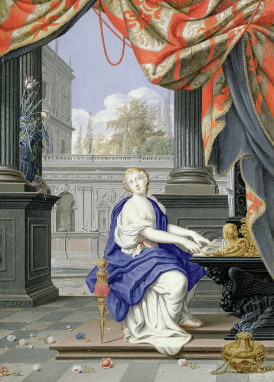 St Cecilia sittande och spelar en orgel (wc och gouache på papper) av Johann Ziegler