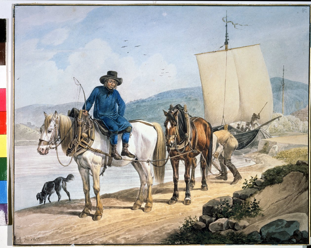 ""En häst och vagn vid floden"". Hästar längs en flod som bogserar en båt eller används för att lossa gods på en dragbana". Målning av Johann Adam Klein (1792-1875) av Johann Adam Klein