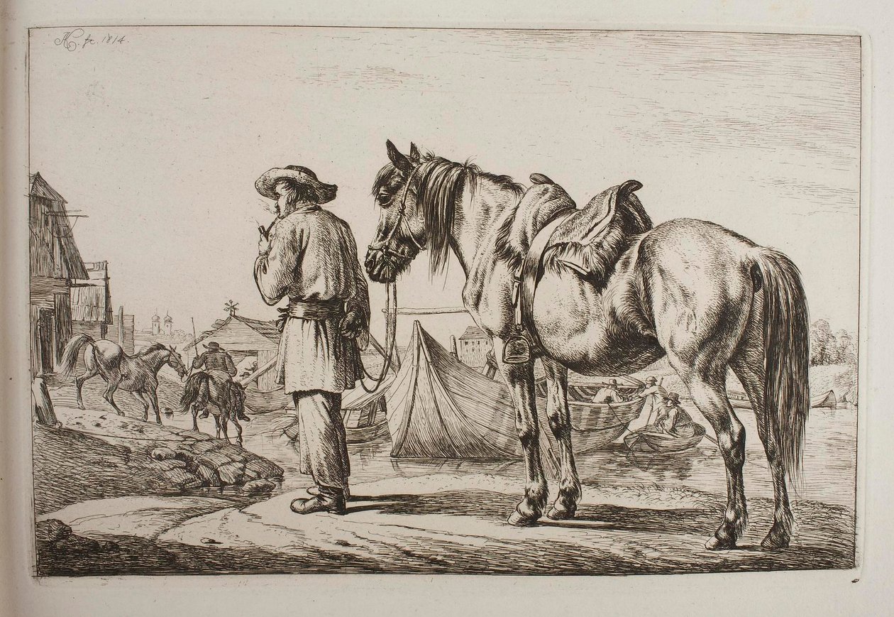 En slovak med sin häst vid en flod av Johann Adam Klein