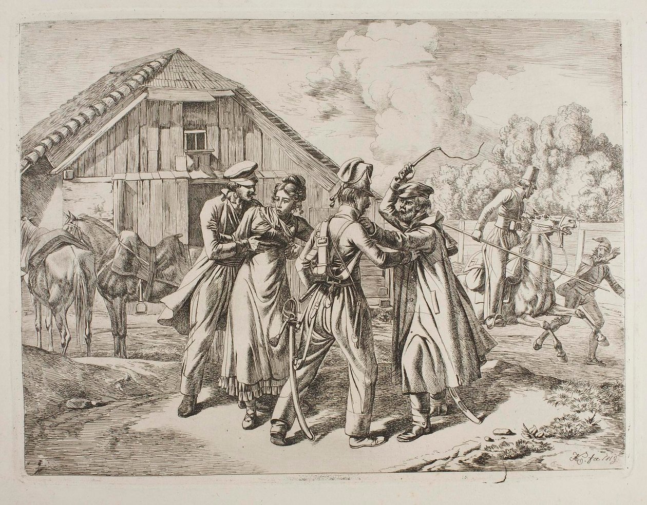 Kosacker tränger in på en bondgård av Johann Adam Klein
