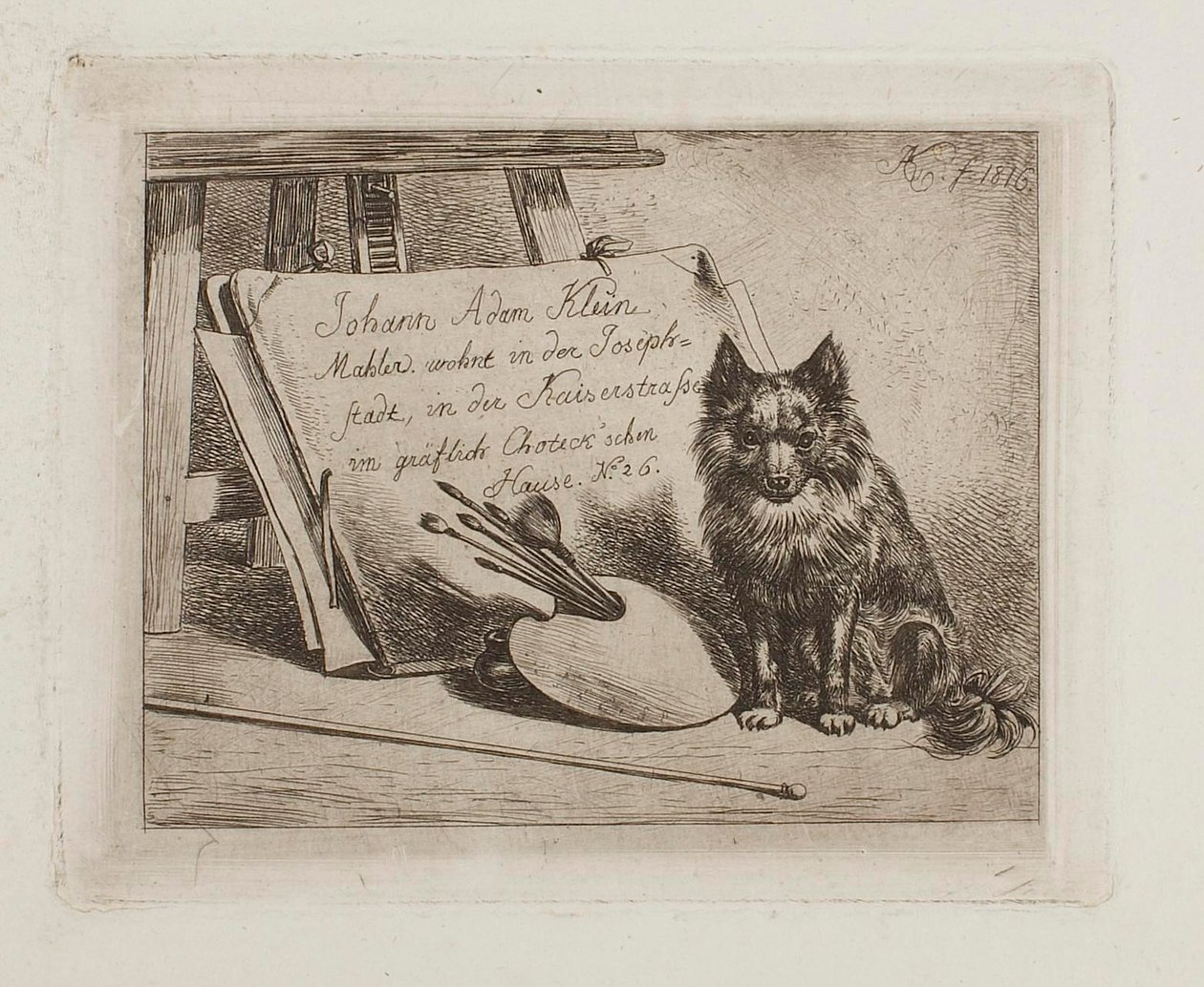 Sittande hund vid målarens verktyg och portföljen med konstnärens adress av Johann Adam Klein