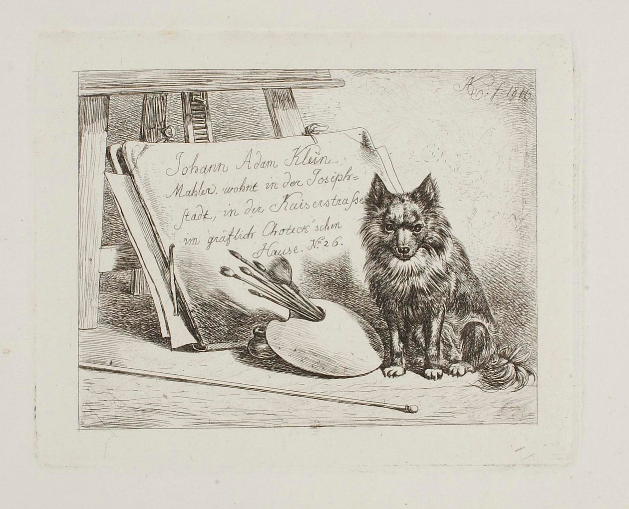 Hund som sitter bredvid målarverktygen och portföljen med konstnärens adress av Johann Adam Klein