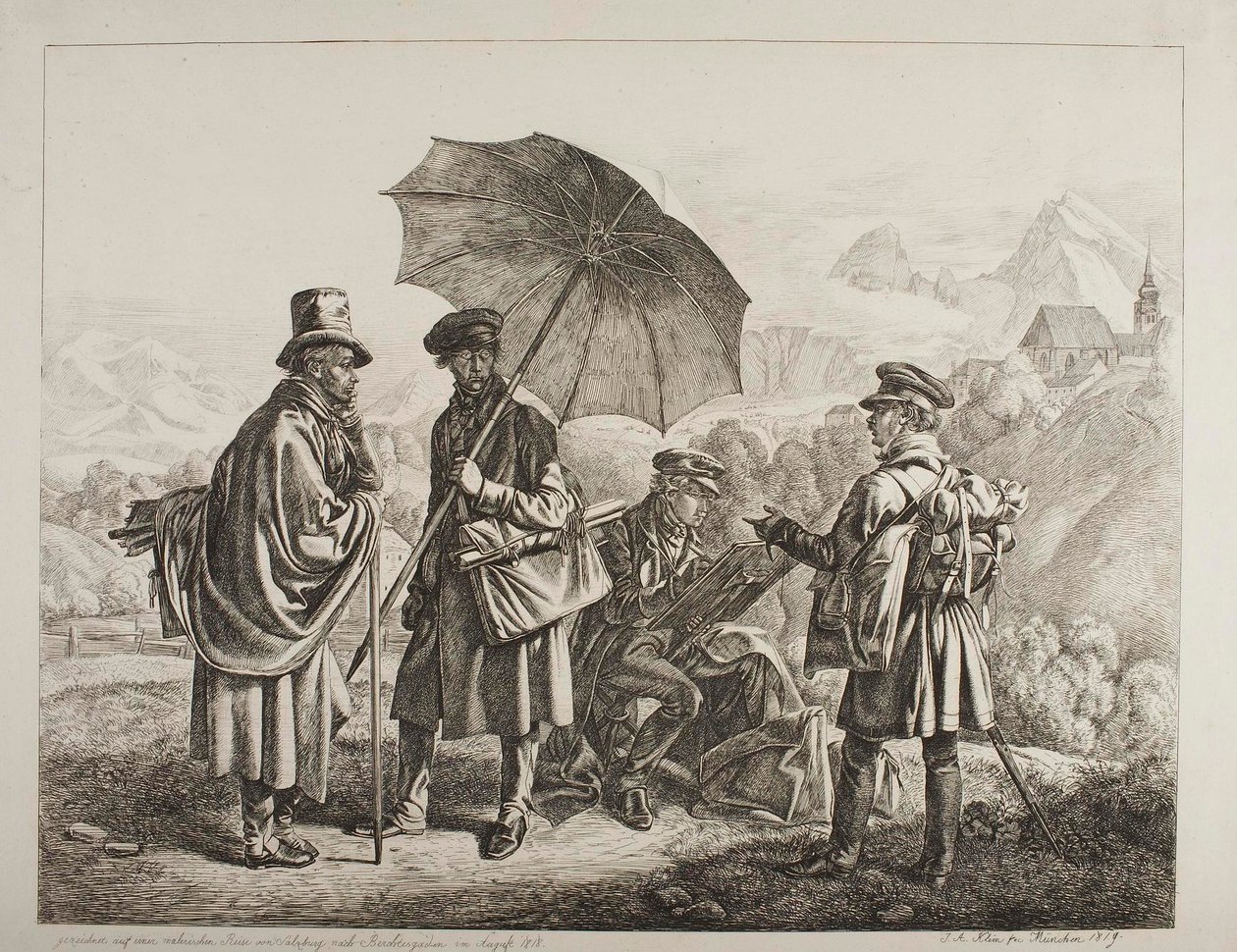 Ernst Welker, Johann Christoph Erhard och bröderna Heinrich och Friedrich Philipp Reinhold på en pittoresk resa från Salzburg till Berchtesgaden i augusti 1818 av Johann Adam Klein