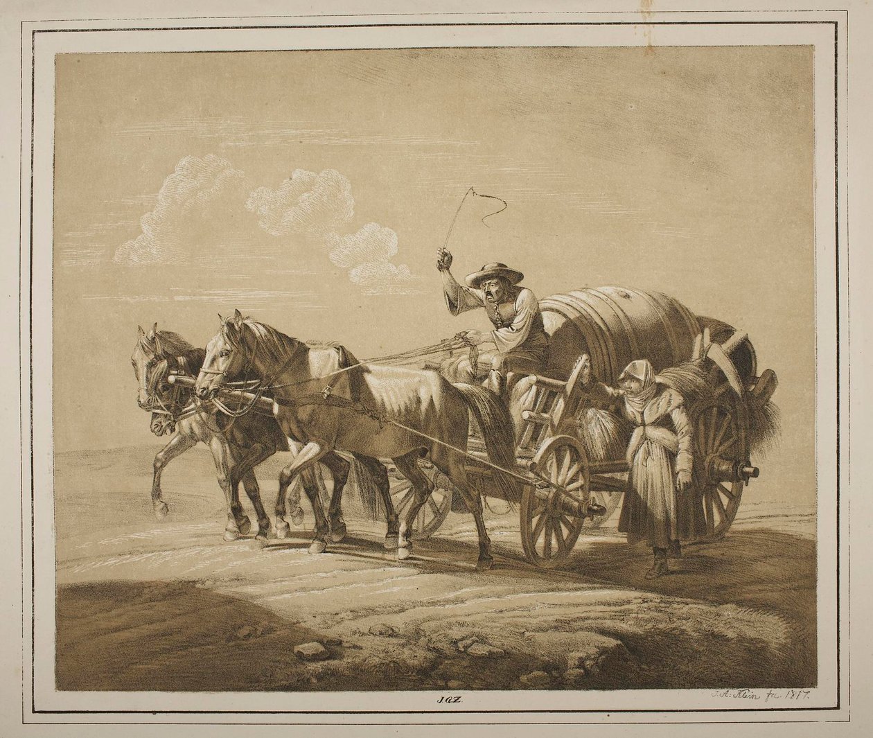 Ungersk bonde kör en vagn med tunnor av Johann Adam Klein