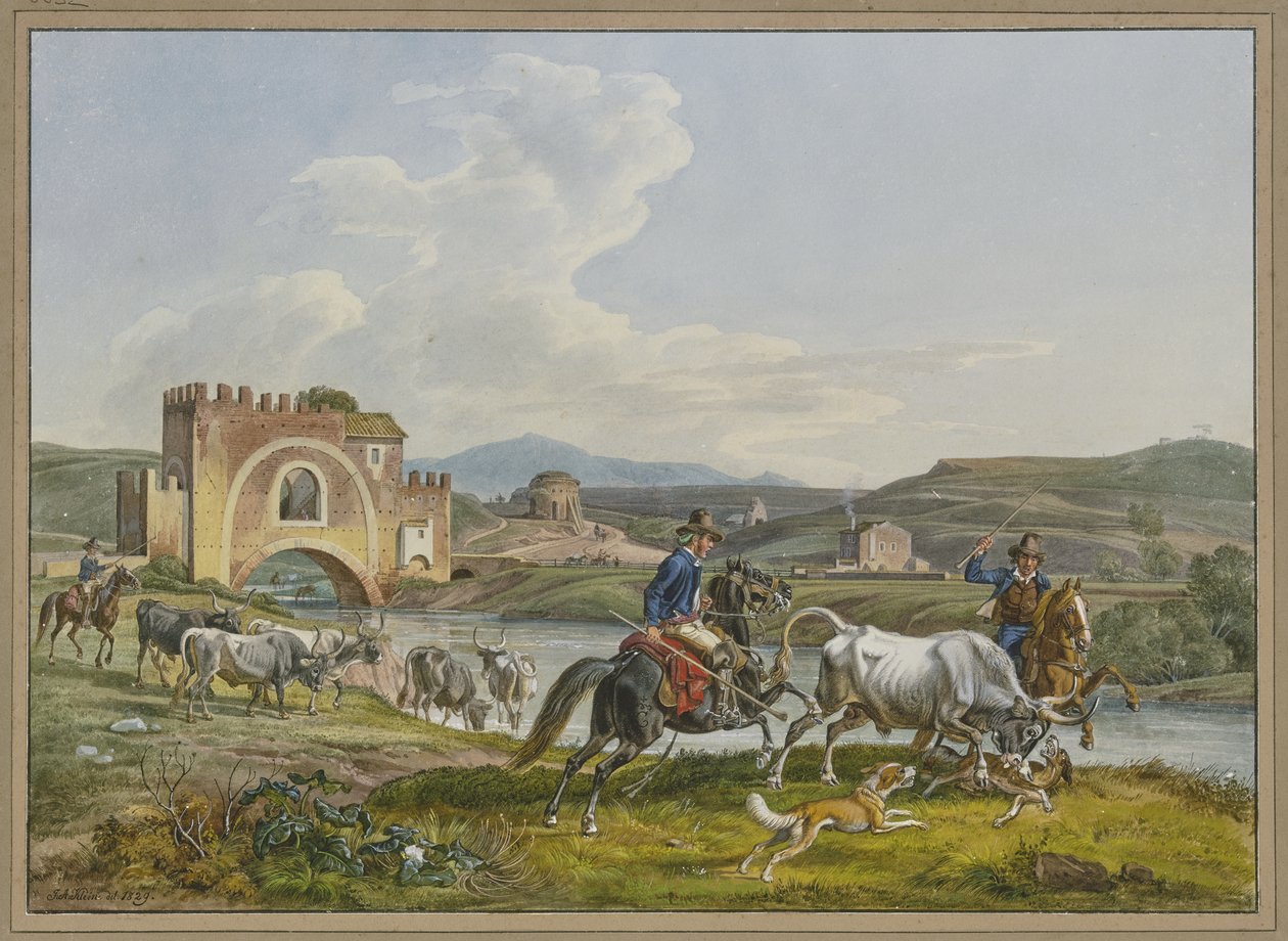 Romerska campagnoli till häst fångar in en tjur med hjälp av hundar av Johann Adam Klein