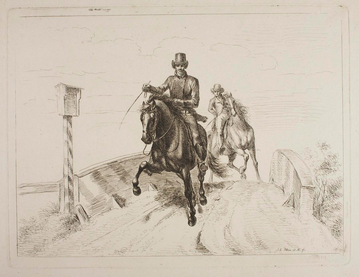 Två ryttare i galopp på en bro av Johann Adam Klein