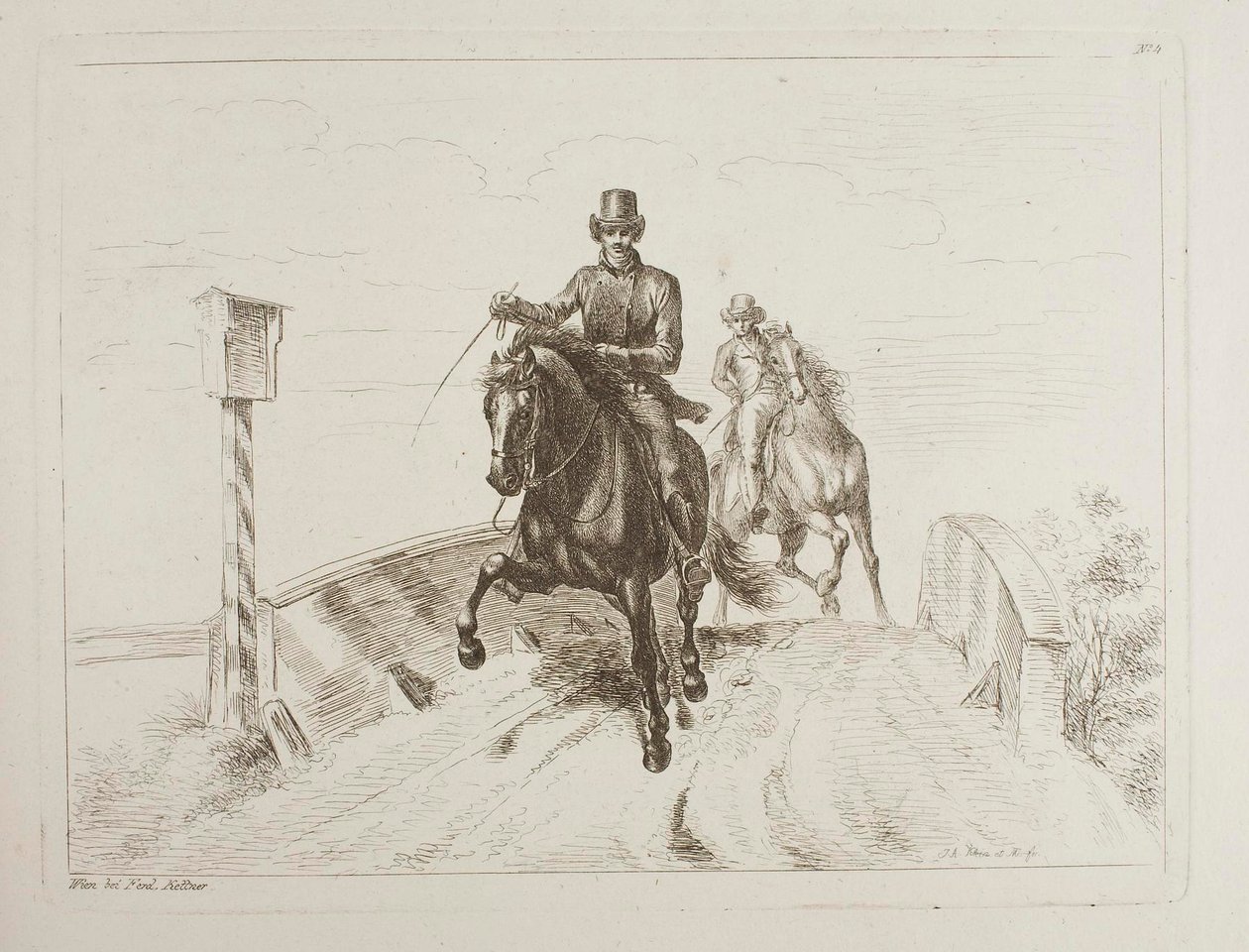 Två ryttare i galopp på en bro av Johann Adam Klein