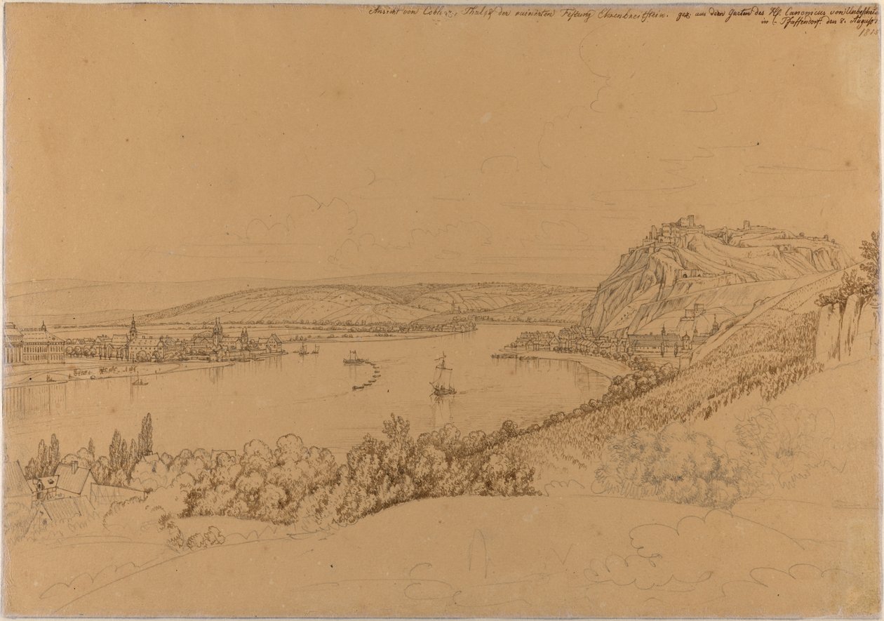 Vy över Koblenz med Rhen och fästningen Ehrenbreitstein (recto); Vy över Heidelberg slott (verso) av Johann Adam Klein