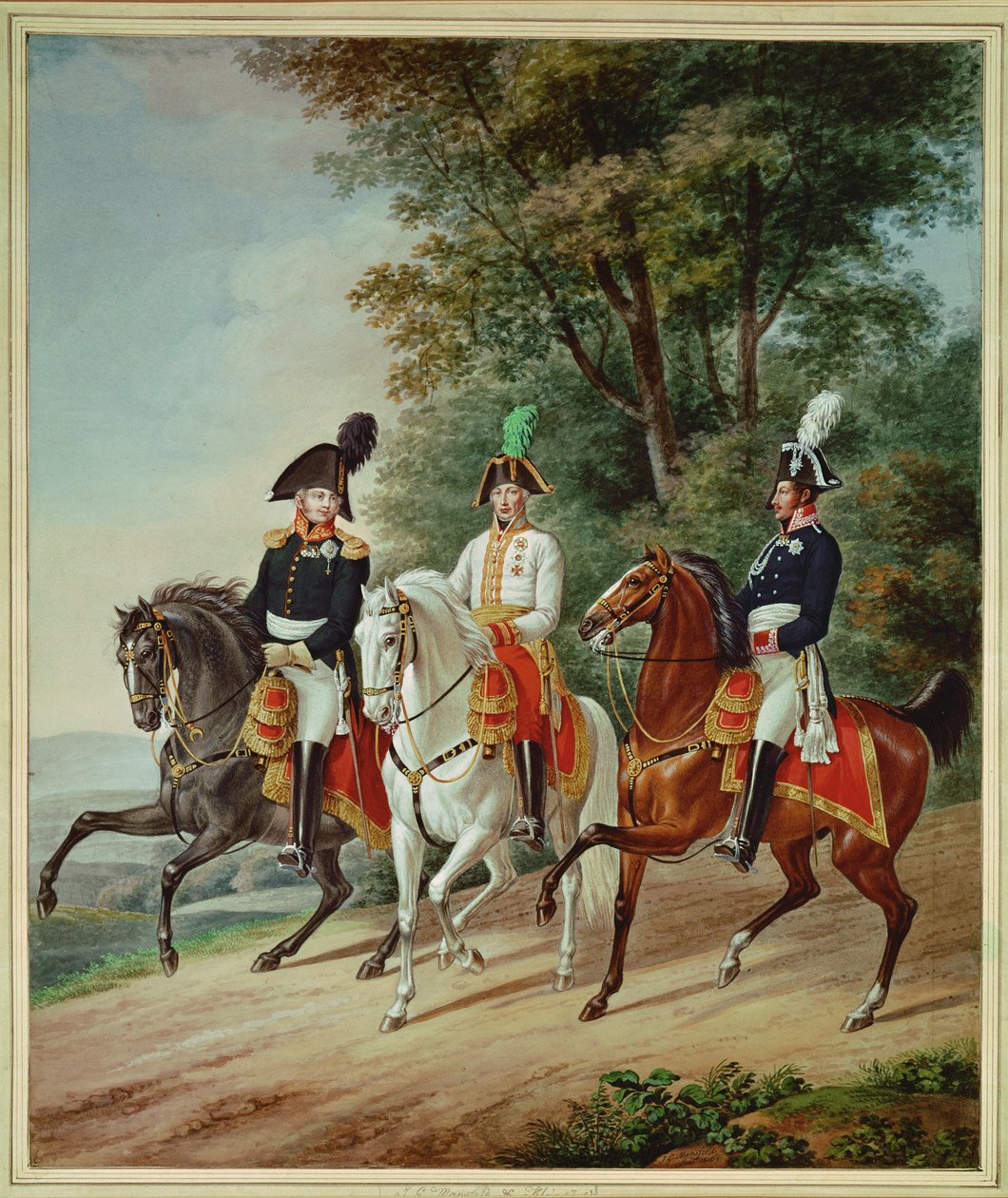 De tre monarkerna på hästryggen: Kejsar Frans I, tsar Alexander I, kung Friedrich Wilhelm III av Johann Adam & Mansfeld Johann Georg (1764 1817) Klein