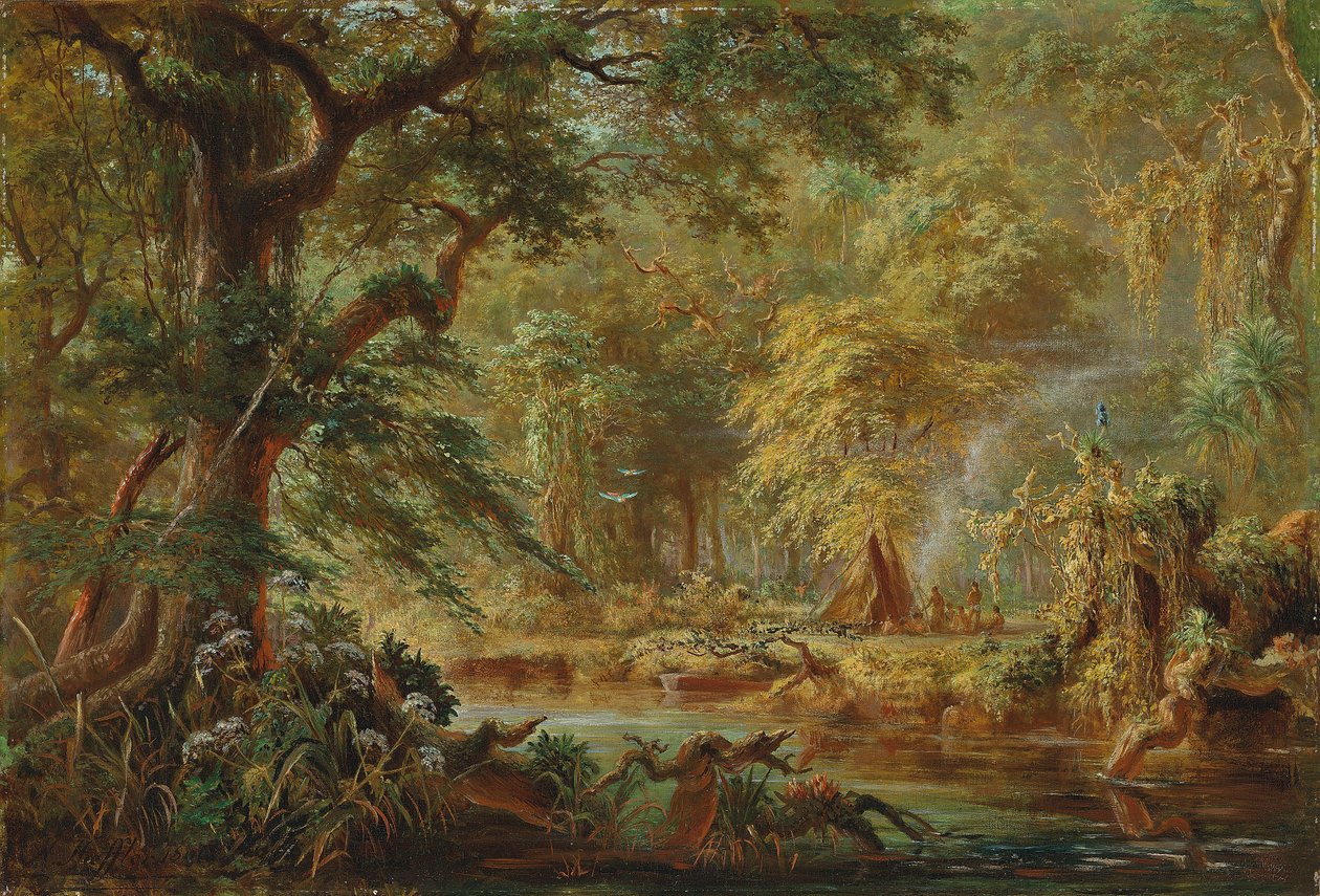 Brasilianskt indianläger bredvid en flod i regnskogen av Johann Adolf Höffler