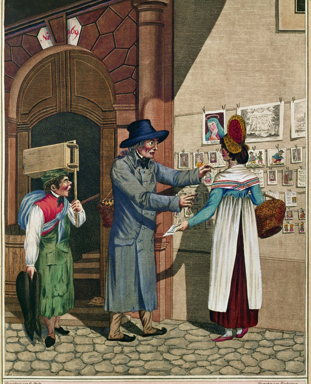 En försäljare av populära ballader och tryck, en skomakarlärling, från en serie wienertyper omkring 1810 ... av Johann Adolph Opitz