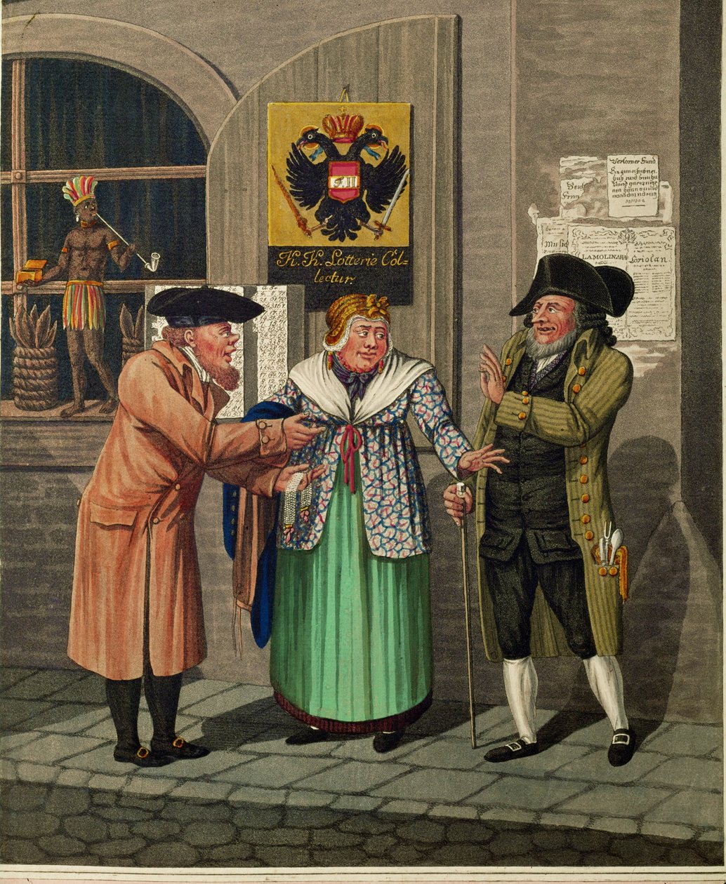 Tre judar från Wien framför ett statligt lotterikontor och en tobaksaffär ... av Johann Adolph Opitz