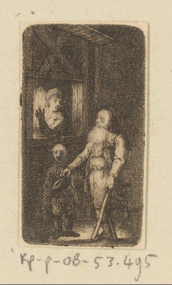 Förlamad gammal tiggare med pojke och kvinna framför fönstret av Johann Andreas Benjamin Nothnagel